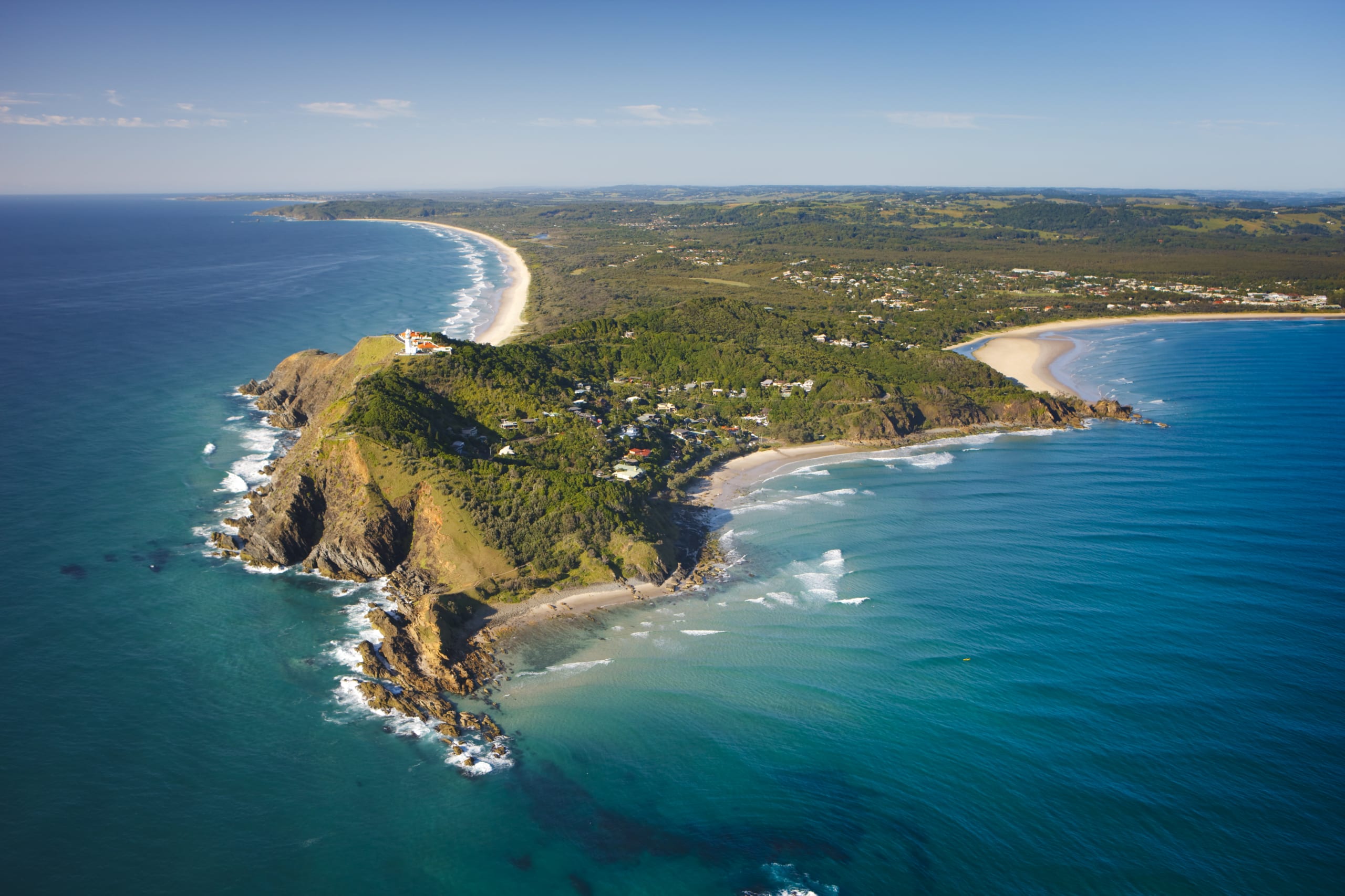 Aerial view of Cape Byron headland and lighthouse, Byron Bay